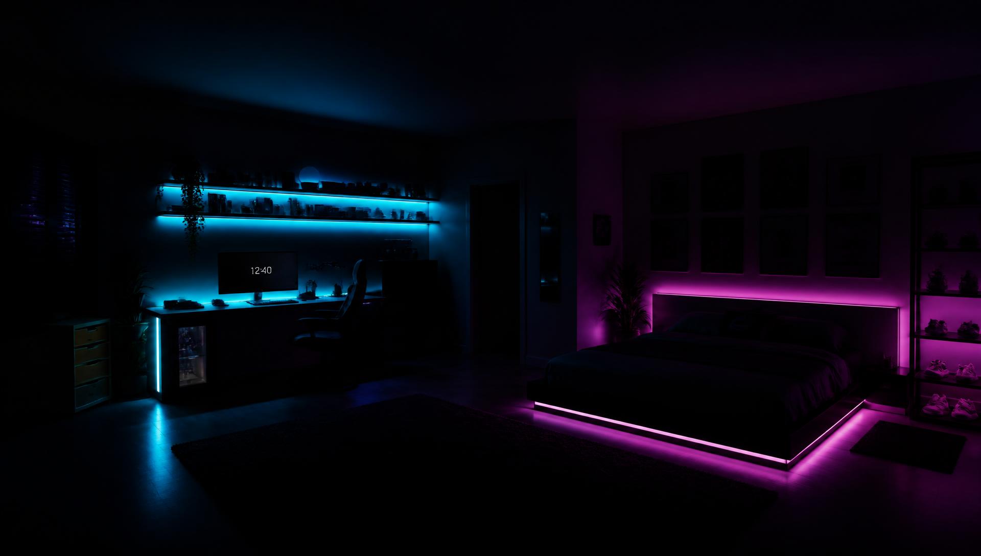 Whole teen bedroom at night outlined in cyan and magenta LED light