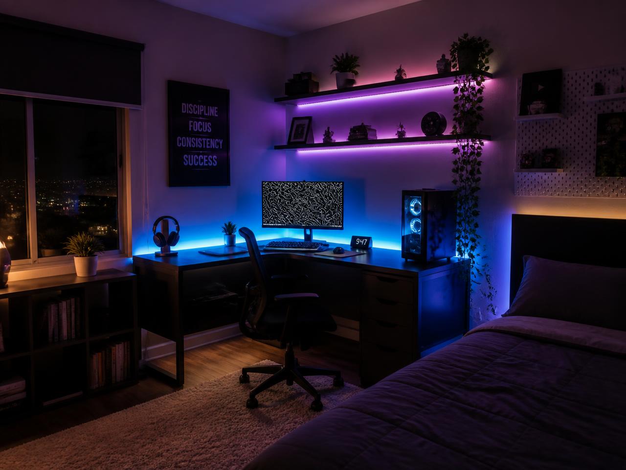 Teen bedroom after the setup upgrade with LED lighting